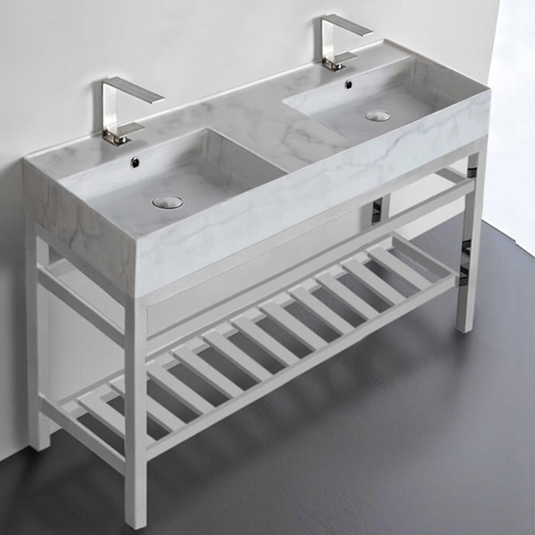 Scarabeo 5143-F-CON2 Marble Design Double Ceramic Console Sink and Polished Chrome Base